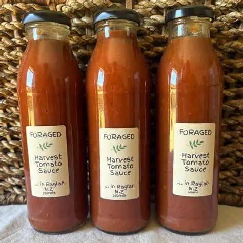 Three glass bottles of Foraged In Raglan Harvest Tomato Sauce with black lids, arranged side-by-side on a light fabric surface in front of a woven basket background.
