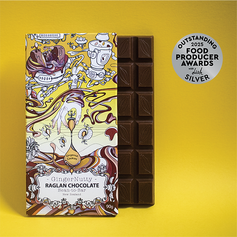 Award winning GingerNutty Ragan Chocolate bar with decorative packaging on a yellow background