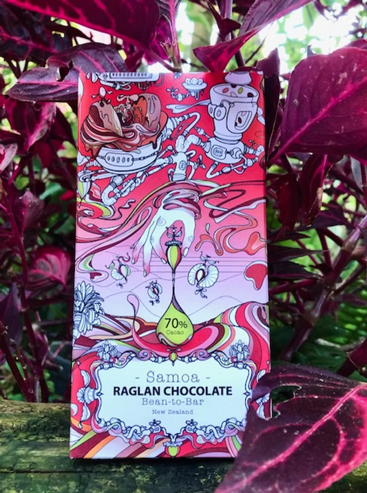 A packaged chocolate bar standing upright outdoors among glossy dark red and green leaves. The front of the box features a colorful psychedelic illustration with a pink and lavender background, a yellow droplet label reading 70% cocoa, and the text 'Samoa RAGLAN CHOCOLATE Bean-to-Bar New Zealand.
