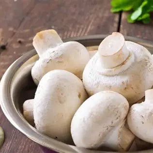 Organice white button mushrooms in a metal bowl on a wooden table